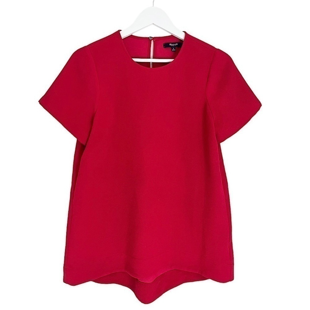 Madewell Pleated Short Sleeve Keyhole Back High Low Top in Red Size‎ Small